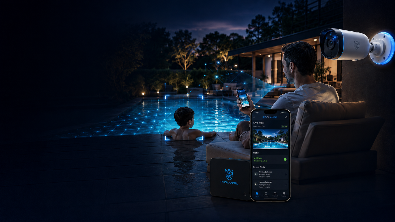 Pool Angel AI pool safety camera monitoring a backyard pool at night with edge AI detection